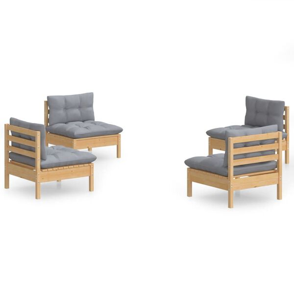 vidaXL 4-tlg. Garten-Lounge-Set mit Grauen Kissen Kiefernholz