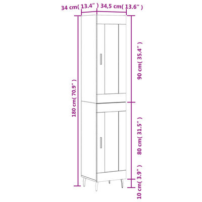 vidaXL Highboard Grau Sonoma 34,5x34x180 cm Holzwerkstoff