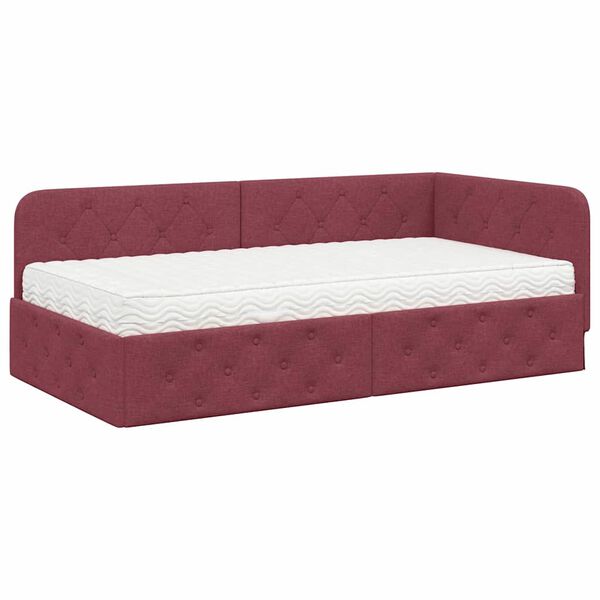 vidaXL Eckbettgestell mit Matratze Weinrot 90 x 200 cm Stoff