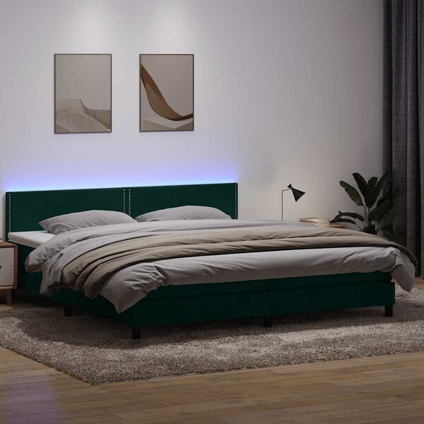 vidaXL Boxspringbett mit Matratze & LED Dunkelgr&uuml;n 200x210 cm Samt