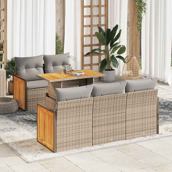 vidaXL 6-tlg. Garten-Sofagarnitur mit Kissen Beige Poly Rattan Akazie