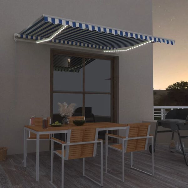 vidaXL Markise Manuell Einziehbar mit LED 450x350 cm Blau und Wei&szlig;