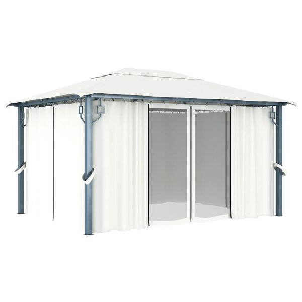 vidaXL Pavillon mit Vorh&auml;ngen & LED-Lichterkette 400x300 cm Creme Alu