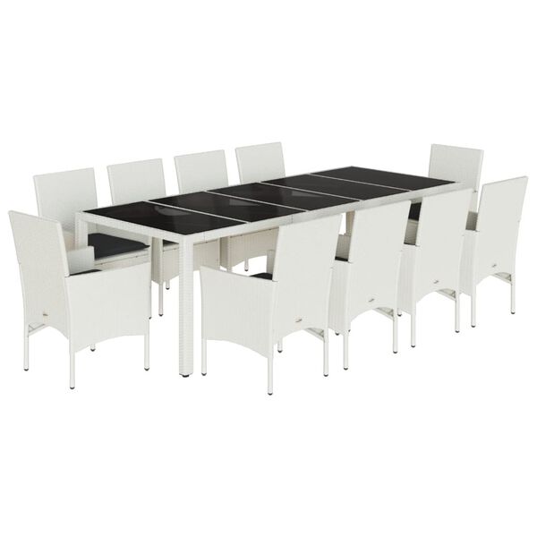 vidaXL 11-tlg. Garten-Essgruppe mit Kissen Wei&szlig; Poly Rattan und Glas