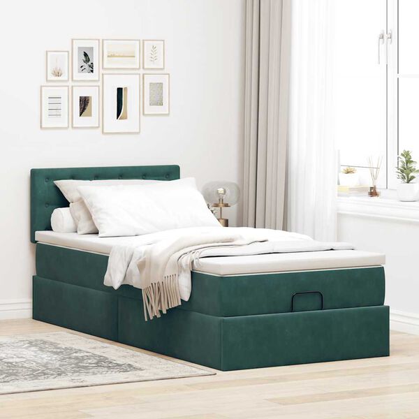 vidaXL Ottomane Bett mit Matratze & LEDs Dunkelgr&uuml;n 90x200 cm Samt