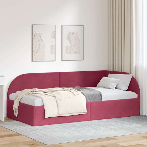 vidaXL Eckbettgestell Weinrot 90 cm x 190 cm Polyester und Sperrholz