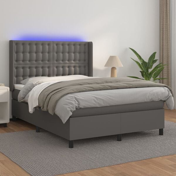 vidaXL Boxspringbett mit Matratze & LED Grau 140x200 cm Kunstleder