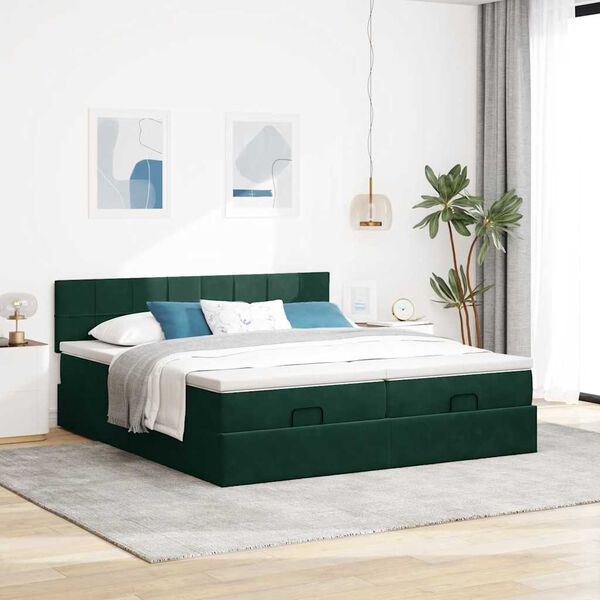 vidaXL Ottoman-Bett mit Matratzen & LEDs Dunkelgr&uuml;n 180x200 cm Samt