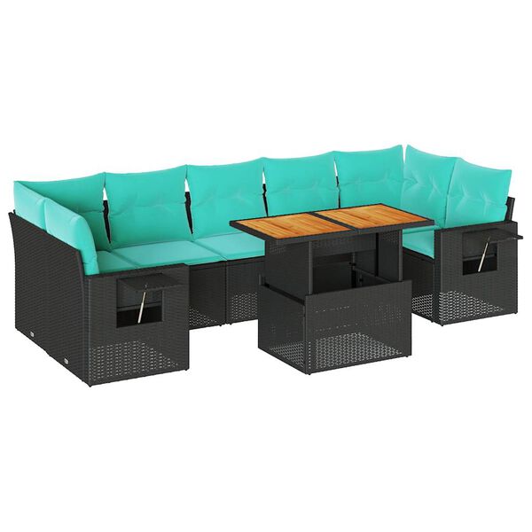 vidaXL 8-tlg. Garten-Sofagarnitur mit Kissen Schwarz Poly Rattan