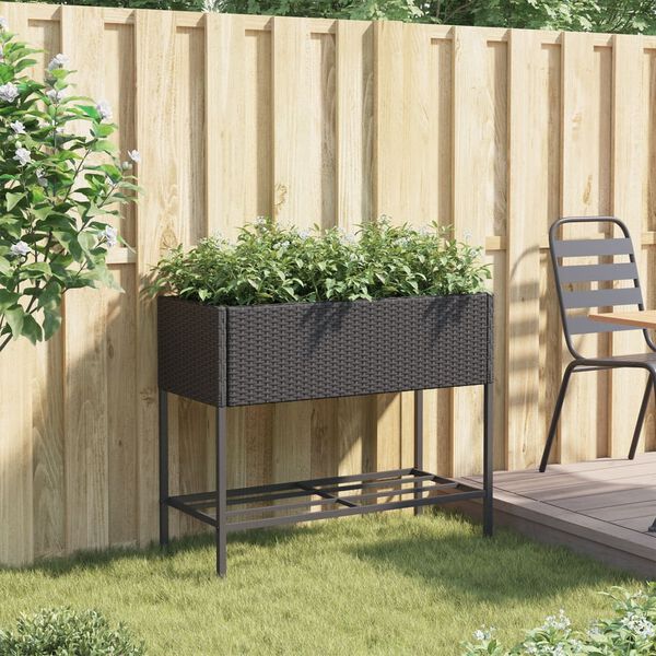 vidaXL Pflanzk&uuml;bel mit Ablage Schwarz Poly Rattan
