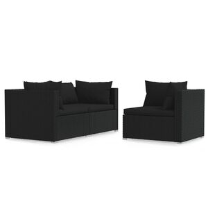 vidaXL 3-tlg. Garten-Lounge-Set mit Kissen Schwarz Poly Rattan