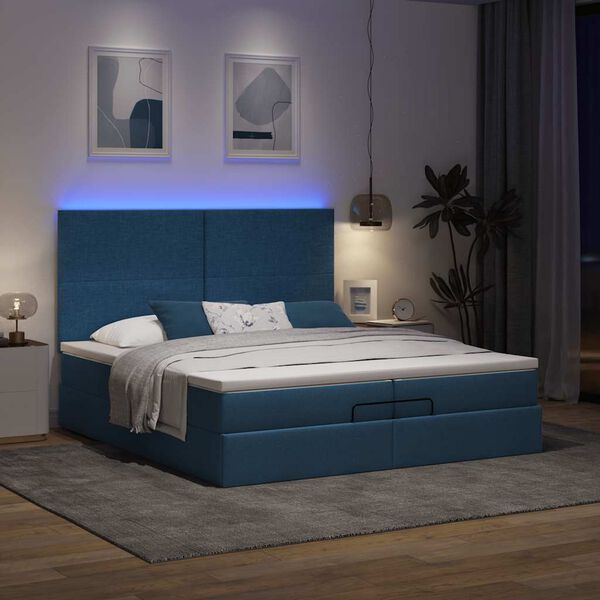 vidaXL Ottoman-Bett mit Matratzen & LEDs Blau 200x200 cm Stoff