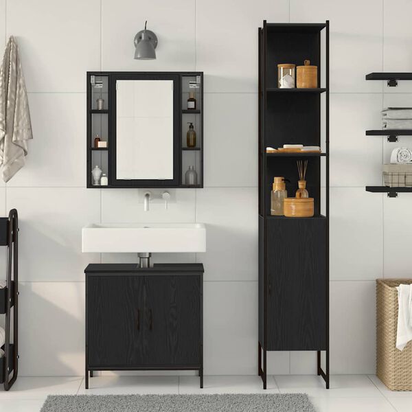 vidaXL Badezimmer Waschbeckenm&ouml;bel mit T&uuml;r 3 pcs Schwarz Holzwerkstoff