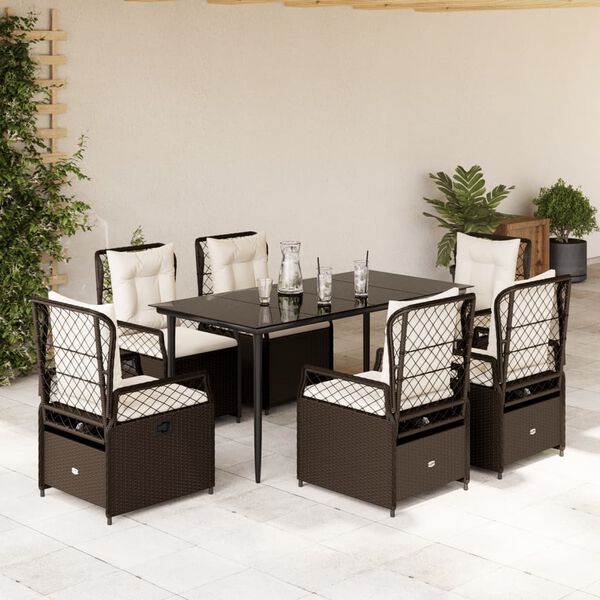 vidaXL 7-tlg. Garten-Essgruppe mit Kissen Braun Poly Rattan