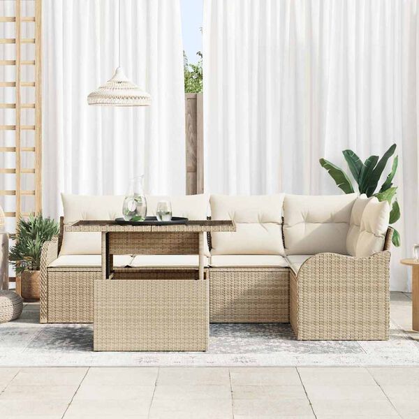 vidaXL Essgruppe mit Kissen 6 pcs Beige Poly Rattan