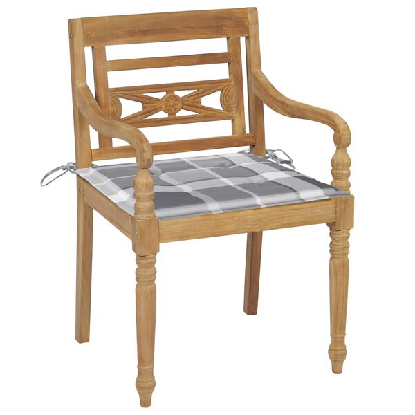 vidaXL Batavia-St&uuml;hle 2 Stk. Graue Karomuster-Kissen Teak Massivholz