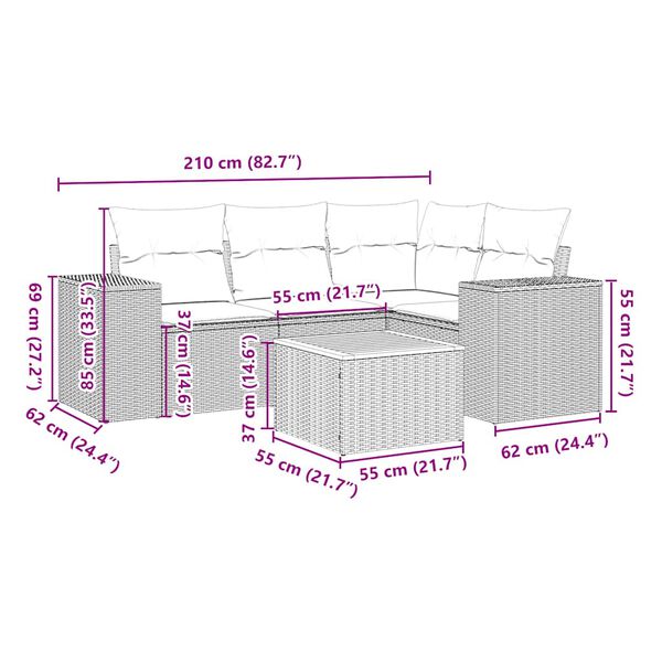 vidaXL 5-tlg. Garten-Sofagarnitur mit Kissen Schwarz Poly Rattan