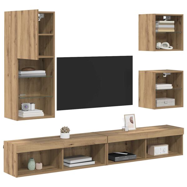 vidaXL TV Wand Einheiten mit LED 5 pcs Artisan-Eiche Holzwerkstoff