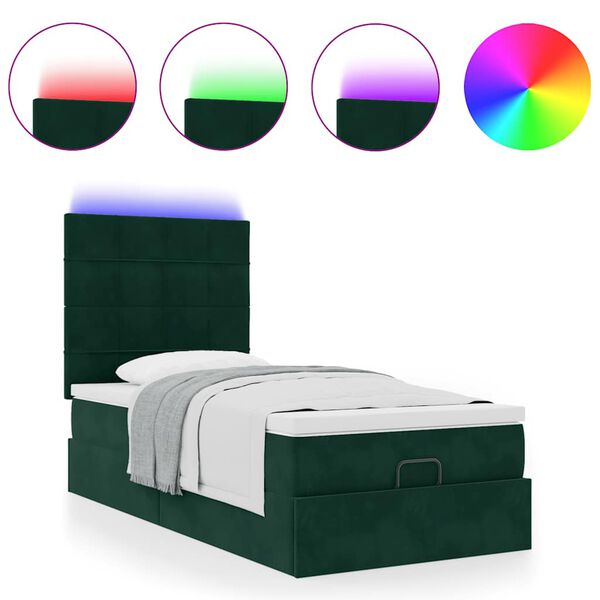 vidaXL Ottoman-Bett mit Matratzen & LEDs Dunkelgr&uuml;n 90x190 cm Samt