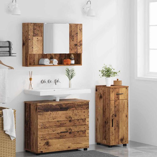 vidaXL Badezimmerm&ouml;bel-Set mit T&uuml;r 3 pcs Altholz Sperrholz und Metall