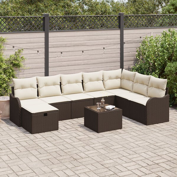 vidaXL Sofa Set mit Kissen 9 pcs Braun und Creme Poly-Rattan
