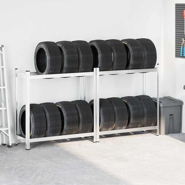 vidaXL Reifenregale mit 2 B&ouml;den 2 Stk. Silbern 110x40x109 cm Stahl