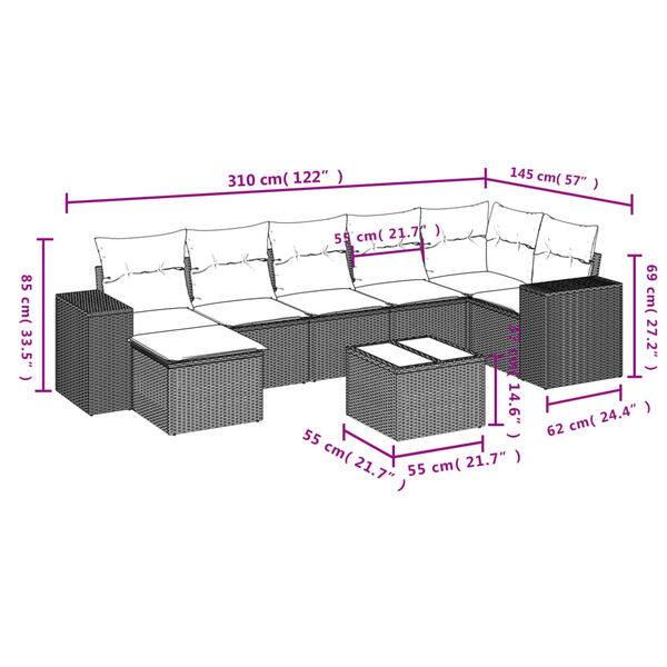 vidaXL 8-tlg. Garten-Sofagarnitur mit Kissen Hellgrau Poly Rattan