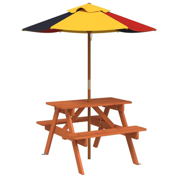 vidaXL Picknicktisch f&uuml;r 4 Kinder mit Sonnenschirm Massivholz Tanne