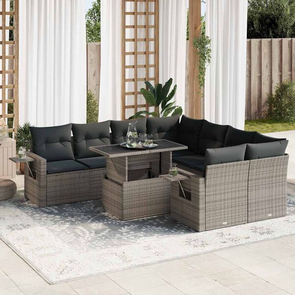 vidaXL 9-tlg. Garten-Sofagarnitur mit Kissen Grau Poly Rattan