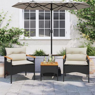 vidaXL 3-tlg. Garten-Sofagarnitur mit Kissen Schwarz Poly Rattan