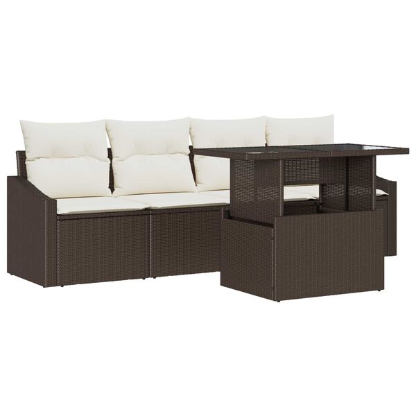 vidaXL Garten-Sofa-Set mit Kissen 5 pcs Braun und Creme Poly-Rattan