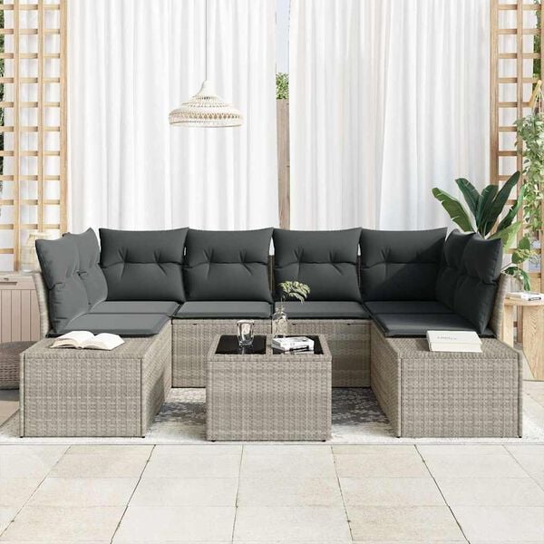 vidaXL Sofa Set mit Kissen 7 pcs Hellgrau Poly Rattan