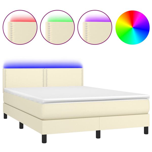 vidaXL Boxspringbett mit Matratze & LED Creme 140x190 cm Kunstleder