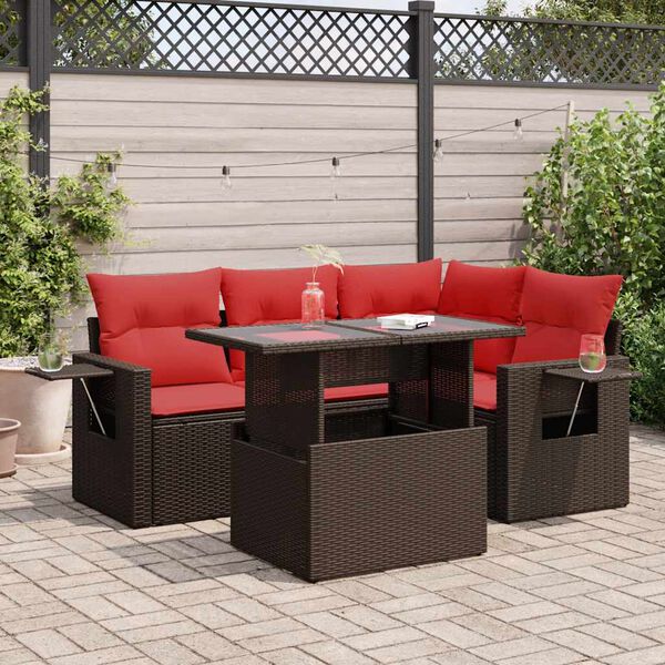 vidaXL 5-tlg. Garten-Sofagarnitur mit Kissen Braun Poly Rattan Akazie