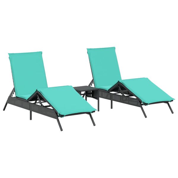 vidaXL Sonnenliegen 2 Stk. mit Tisch Schwarz Poly Rattan