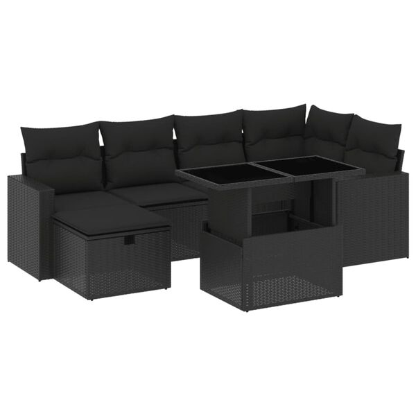 vidaXL 7-tlg. Garten-Sofagarnitur mit Kissen Schwarz Poly Rattan