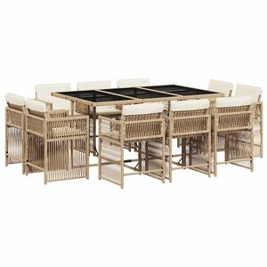 vidaXL 11-tlg. Garten-Essgruppe mit Kissen Beige Poly Rattan