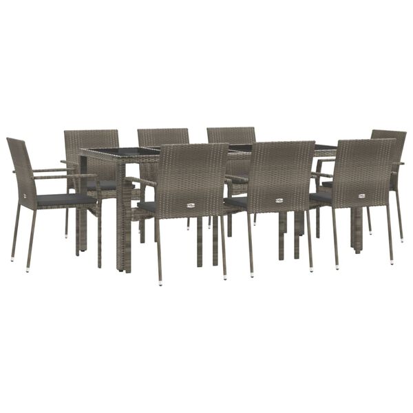 vidaXL 9-tlg. Garten-Essgruppe mit Kissen Grau Poly Rattan