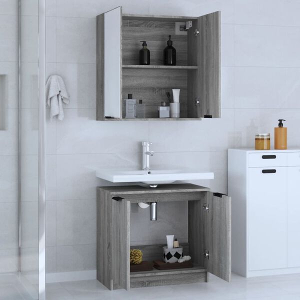 vidaXL 2-tlg. Badm&ouml;bel-Set Grau Sonoma Holzwerkstoff