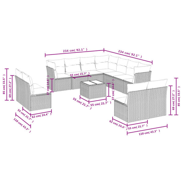 vidaXL 12-tlg. Garten-Sofagarnitur mit Kissen Beige Poly Rattan