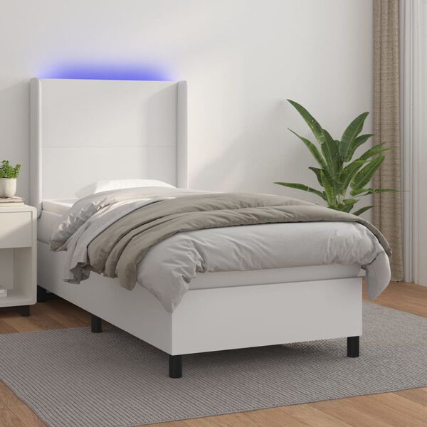 vidaXL Boxspringbett mit Matratze & LED Wei&szlig; 100x200 cm Kunstleder