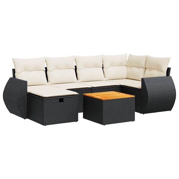 vidaXL 7-tlg. Garten-Sofagarnitur mit Kissen Schwarz Poly Rattan