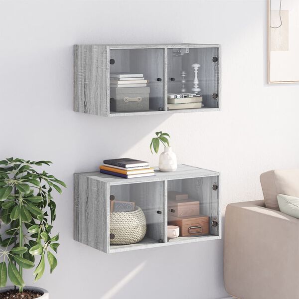 vidaXL Wandschr&auml;nke mit Glast&uuml;ren 2 Stk. Grau Sonoma 68,5x37x35 cm