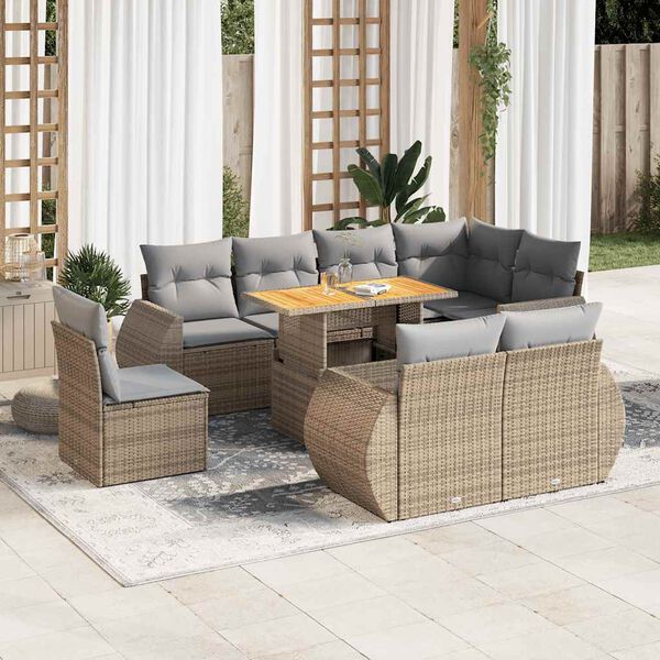 vidaXL 9-tlg. Garten-Sofagarnitur mit Kissen Beige Poly Rattan