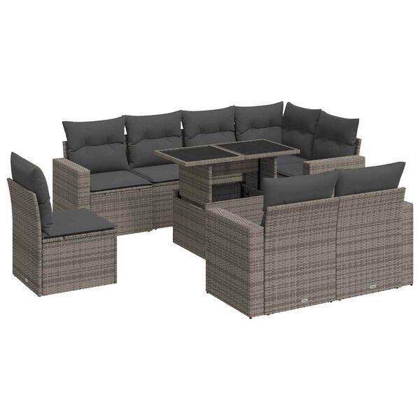 vidaXL 9-tlg. Garten-Sofagarnitur mit Kissen Grau Poly Rattan