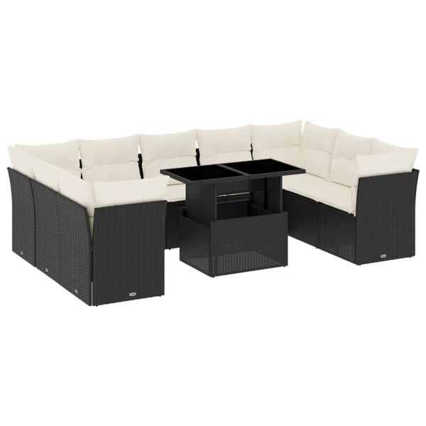 vidaXL 10-tlg. Garten-Sofagarnitur mit Kissen Schwarz Poly Rattan