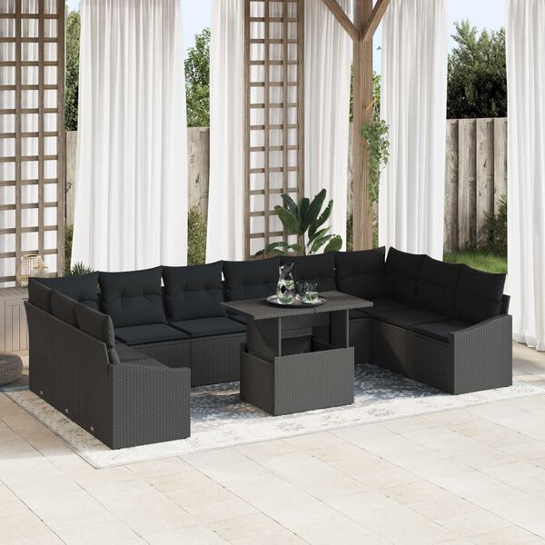 vidaXL Garten-Sofa-Set mit Kissen mit Speicher 11 pcs Schwarz