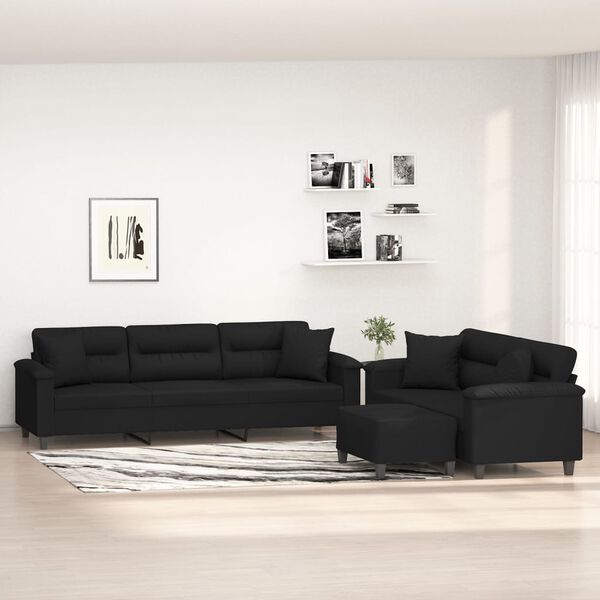 vidaXL 3-tlg. Sofagarnitur mit Kissen Schwarz Mikrofasergewebe