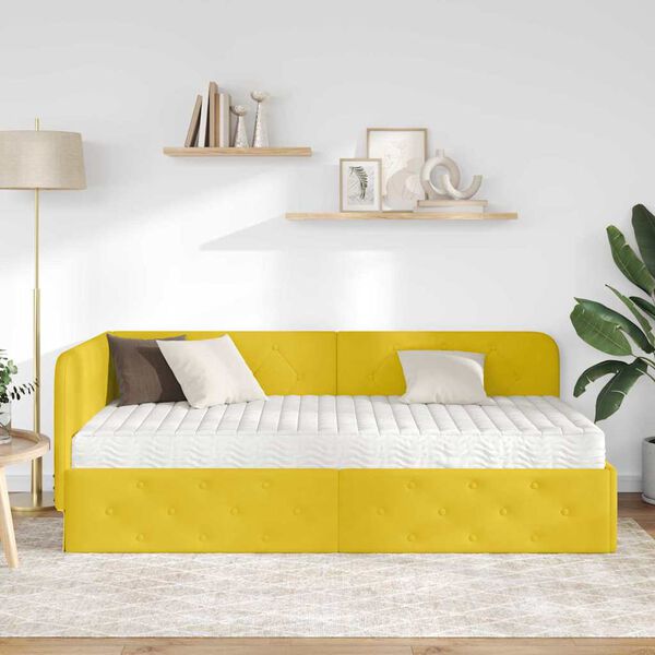 vidaXL Eckbettgestell mit Matratze mit Kopfteil Gelb 90 x 190 cm Samt