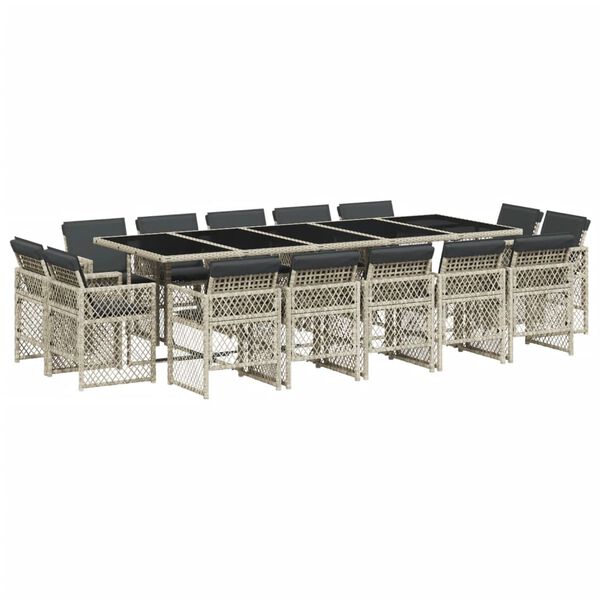 vidaXL 15-tlg. Garten-Essgruppe mit Kissen Hellgrau Poly Rattan